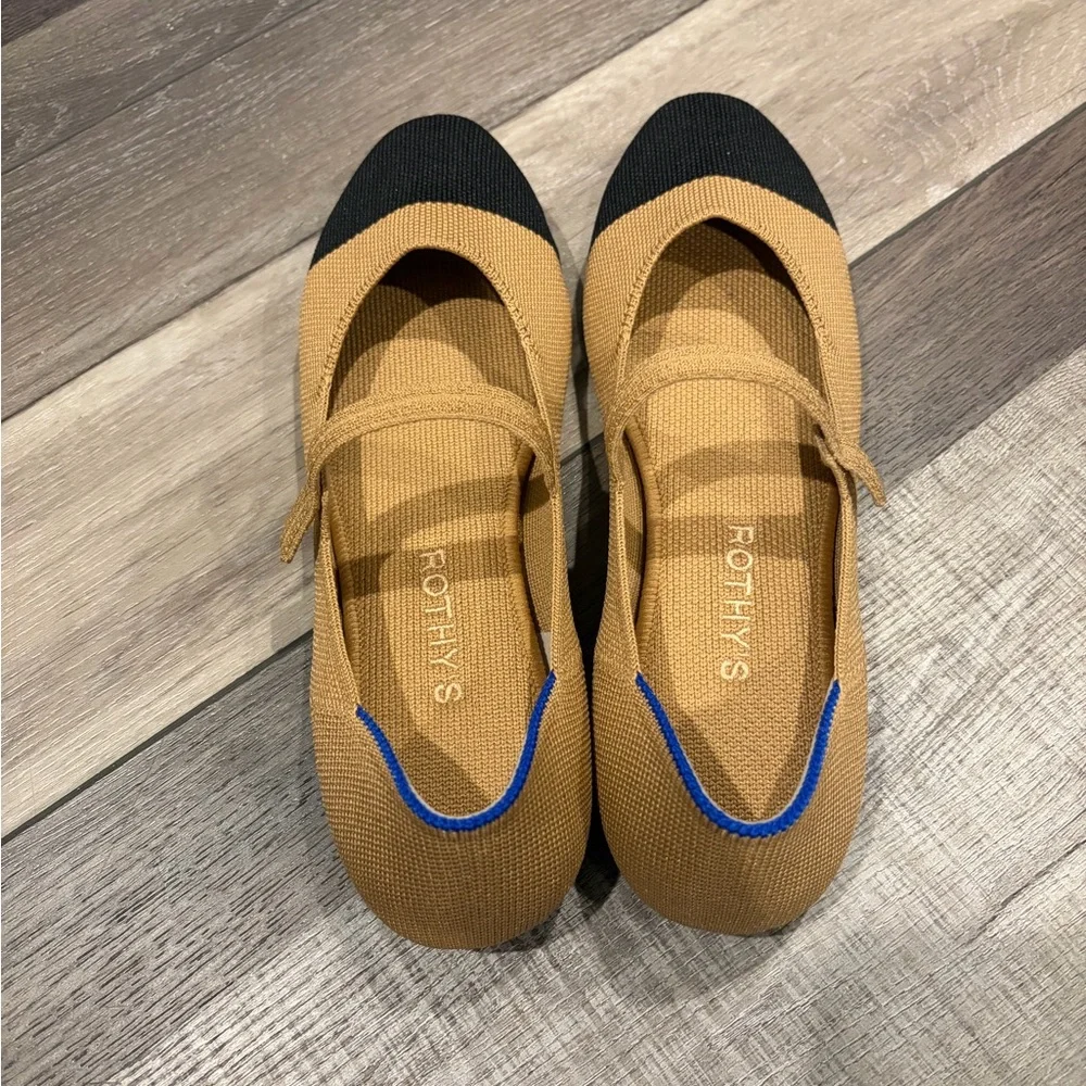 Rothy's Tan and Black Mary Jane Flats - Picture 1 of 2